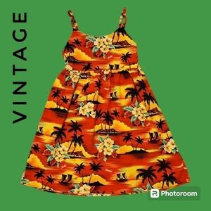 VTG HINALEA Made in Hawaii Girls Palm Tree Hibiscus Tie Back Tiki Dress